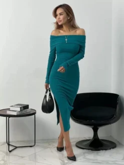 Boat Neck Off Shoulder Knitting Long Sleeve Dresses