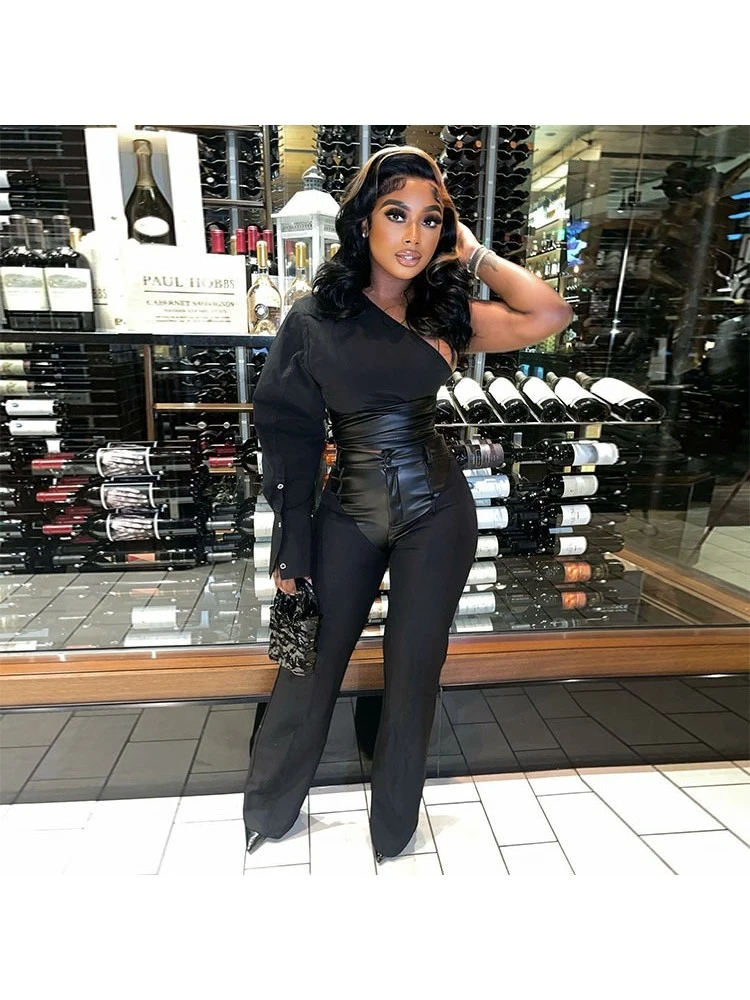 One Shoulder Long Sleeve Pu Trouser Sets
