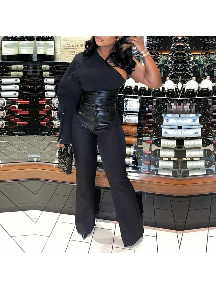 One Shoulder Long Sleeve Pu Trouser Sets - Image 3