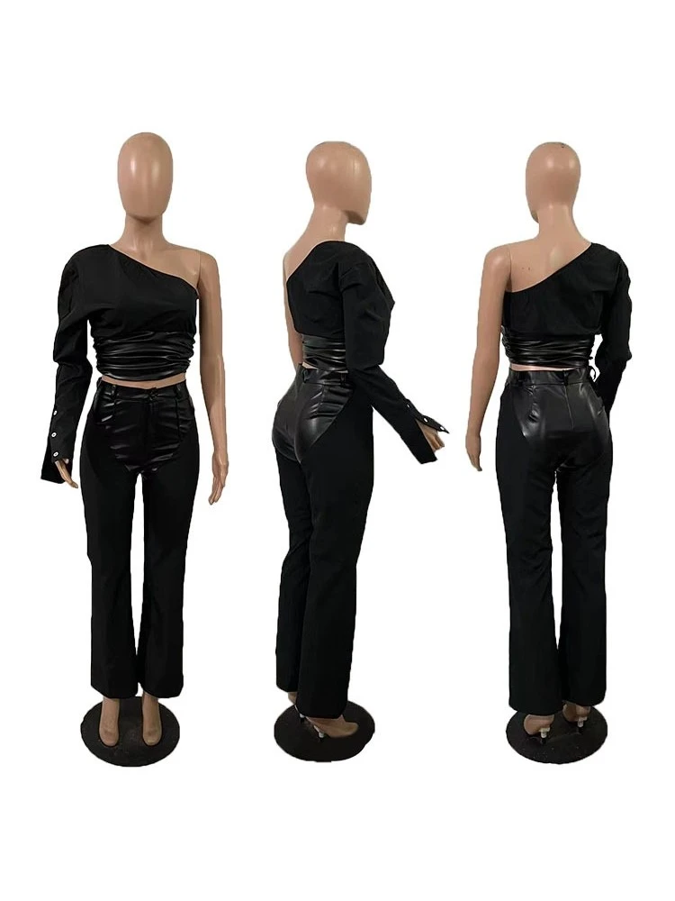 One Shoulder Long Sleeve Pu Trouser Sets - Image 5