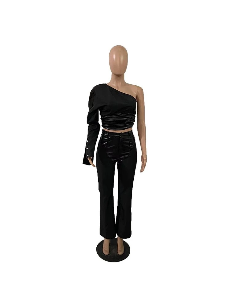 One Shoulder Long Sleeve Pu Trouser Sets - Image 6