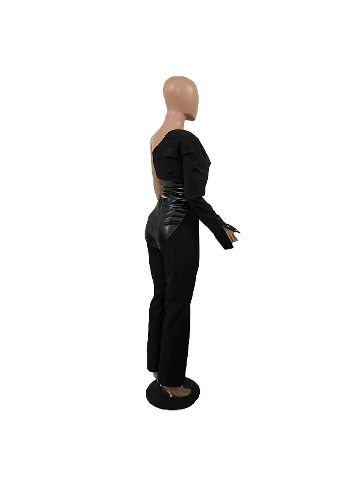 One Shoulder Long Sleeve Pu Trouser Sets - Image 7