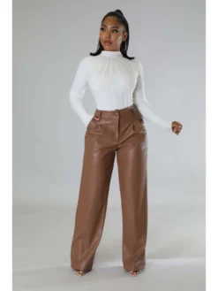 Solid Color PU Mid-rise Wide Leg Pants