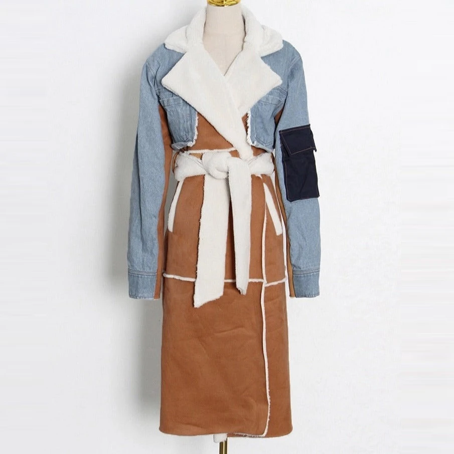 Tie-wrap Lambswool Lapel Neck Denim Jacket - Image 5