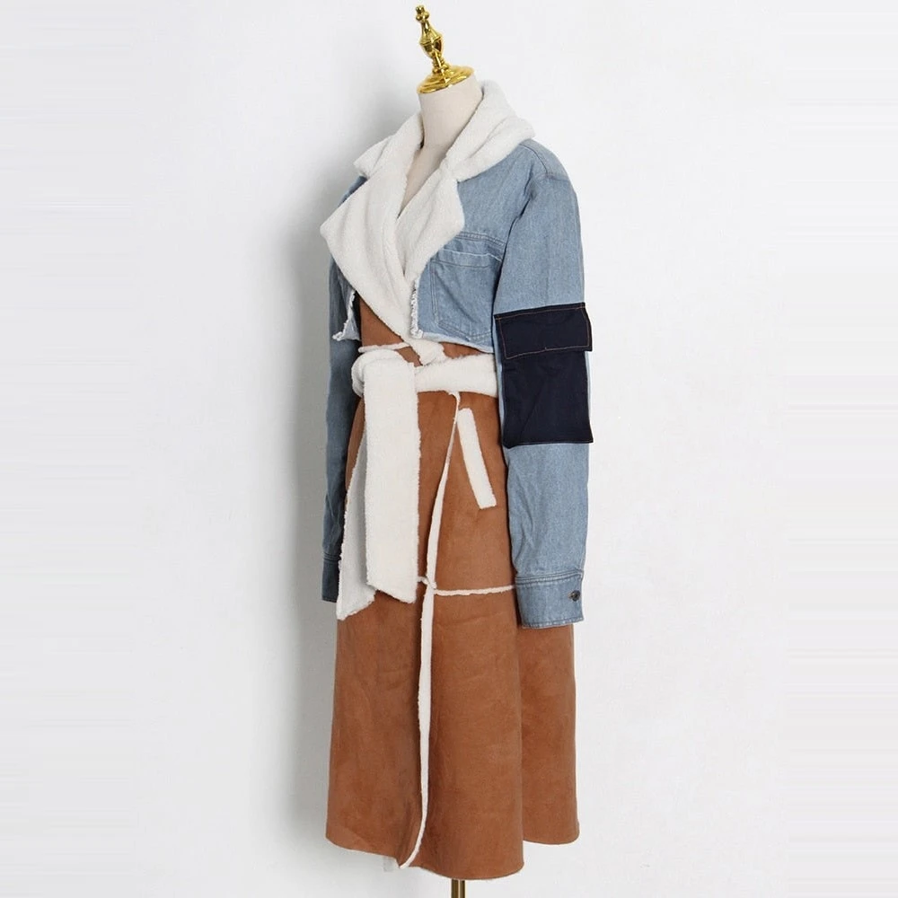 Tie-wrap Lambswool Lapel Neck Denim Jacket - Image 6