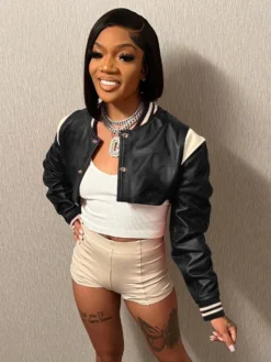 Colorblock PU Cropped Jackets