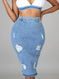 Ripped High-waisted Bodycon Denim Skirts