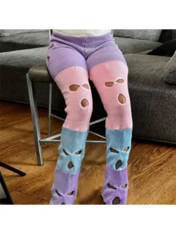 Colorblock Knitting High Waisted Straight Leg Pants