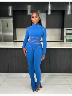 Patchwork Rib Slim Trouser Sets