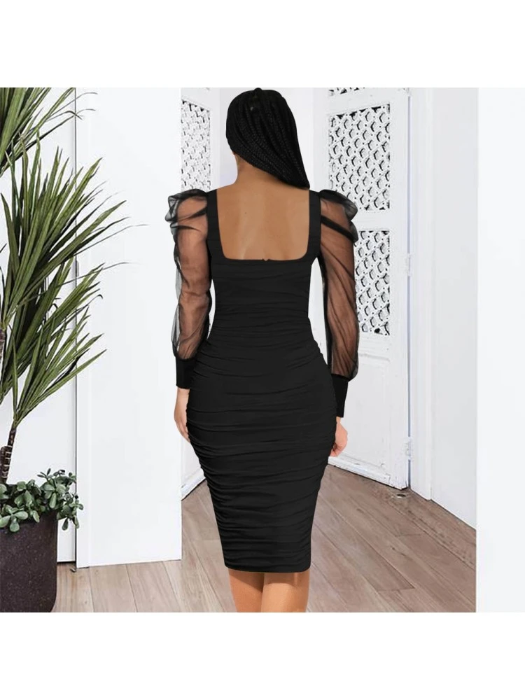 Solid Color Fitted Long Sleeves Dress - Image 2