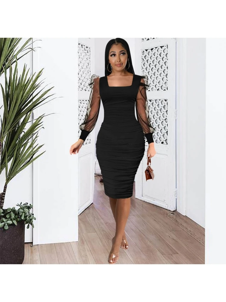 Solid Color Fitted Long Sleeves Dress