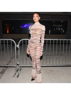 Striped See Through Turtleneck Fitted Trouser Sets