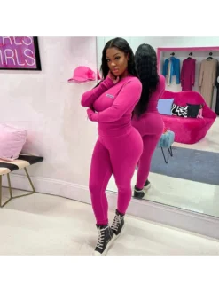 Letter Embroidery Round Neck Slim Trouser Sets