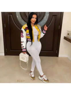 Letter Pattern Round Neck Fitted Jackets