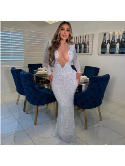 Hot Drilling Perspective Fitted Long Sleeve Dress