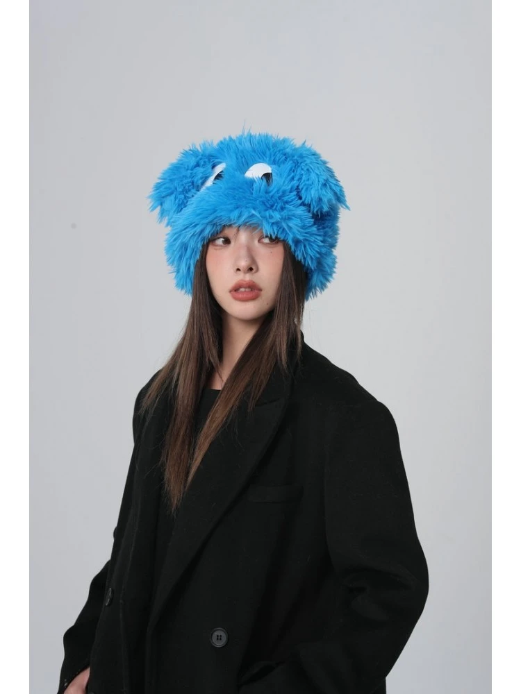 Solid Color Plush Fitted Dog Eyes Hats - Image 2