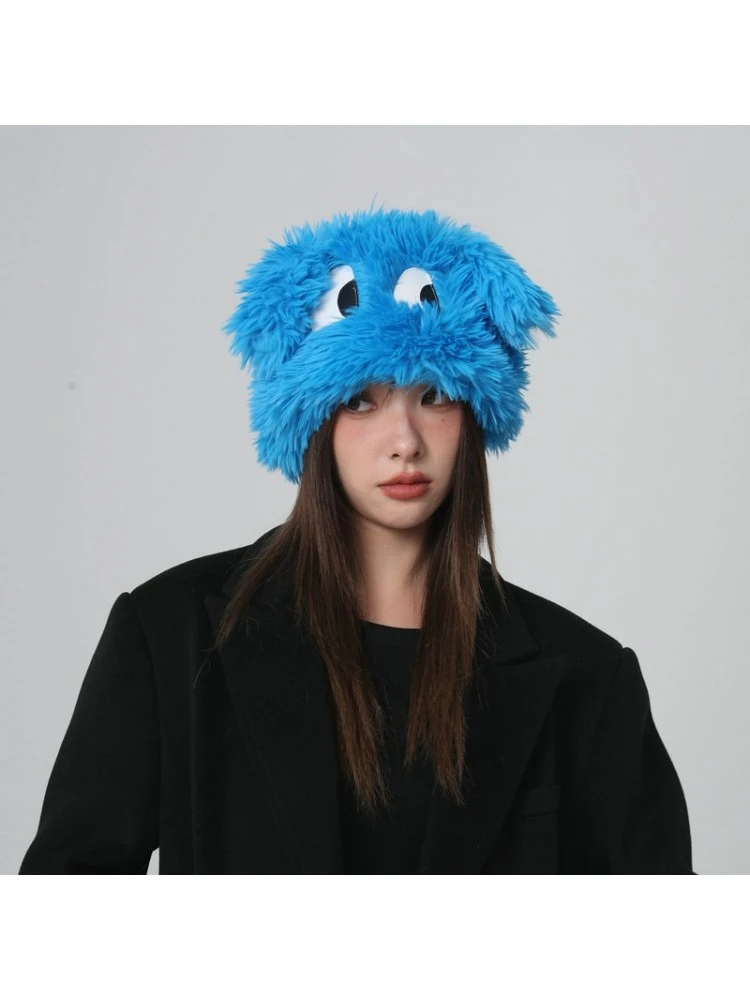 Solid Color Plush Fitted Dog Eyes Hats - Image 4