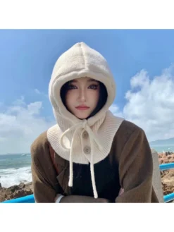 Balaclava Lace Up Knitting Fitted One Piece Hat & Scarf