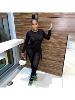 Drawstring Patchwork Round Neck Fitted Pants Sets