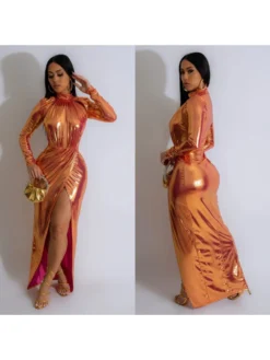 Gilding Ruched Split Hem Long Sleeve Maxi Dresses