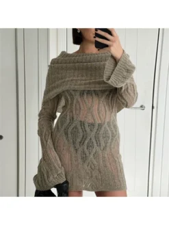 Off Shoulder Knitting Long Sleeve Mini Dress