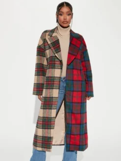 Contrast Color Square Tweed Patchwork Long Coats