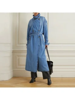 Lace Up Turtleneck Denim Long Coats