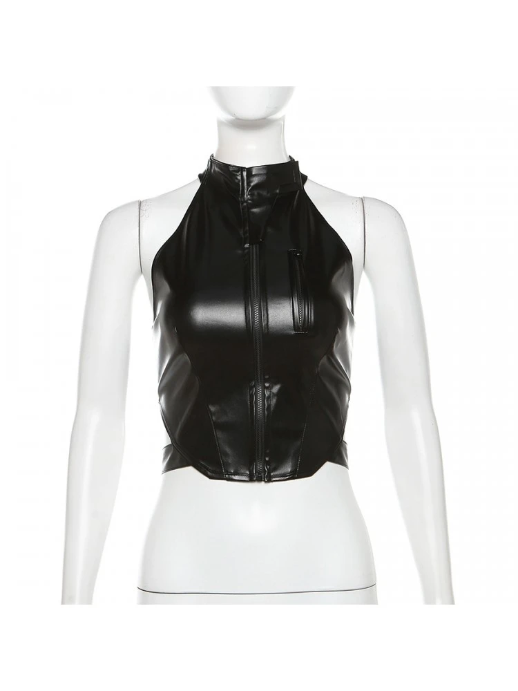 Halter Faux Leather Cardigan Tanks - Image 5