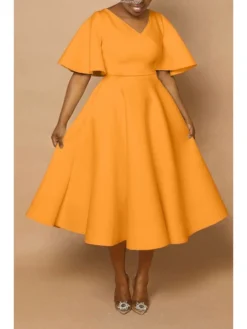 Trumpet Sleeve Patchwork Flared Midi Dress