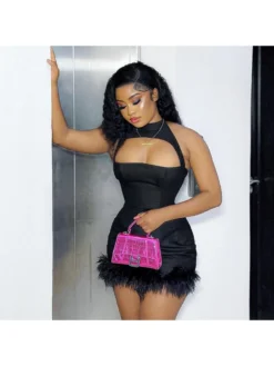 Feather Patchwork Halter Cut Outs Mini Dress