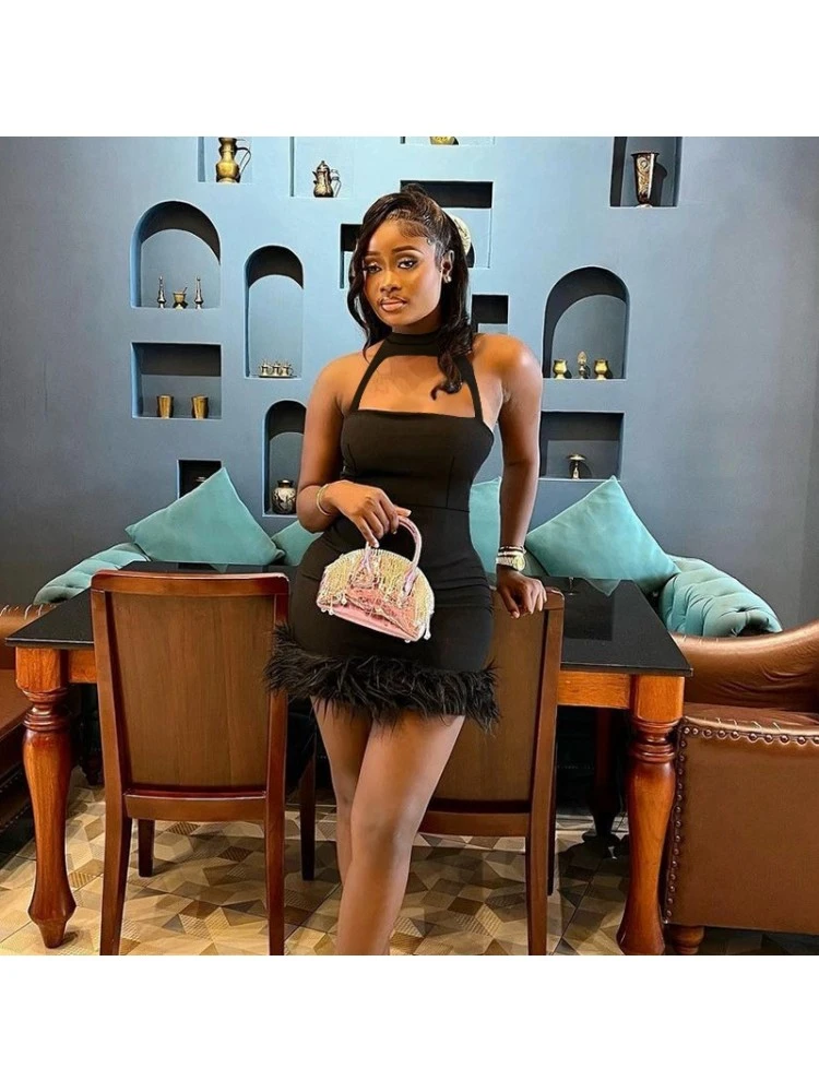 Feather Patchwork Halter Cut Outs Mini Dress - Image 4