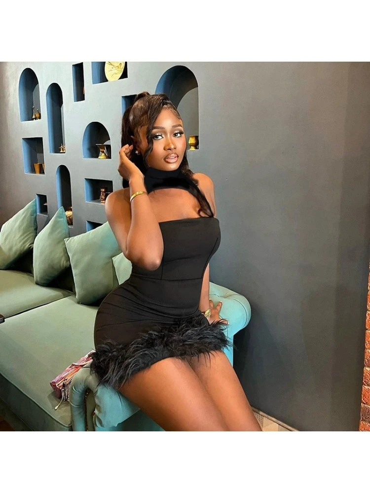 Feather Patchwork Halter Cut Outs Mini Dress - Image 5