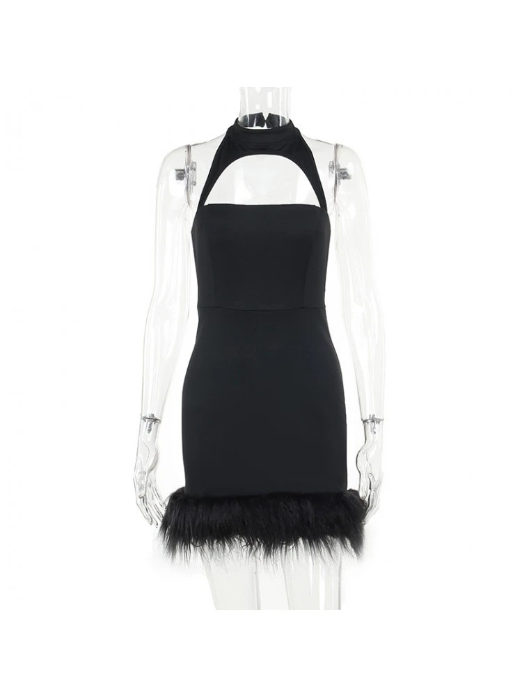 Feather Patchwork Halter Cut Outs Mini Dress - Image 6