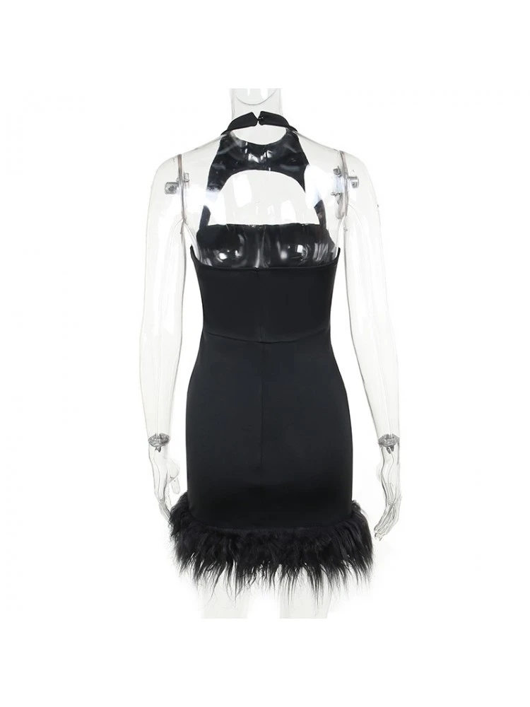 Feather Patchwork Halter Cut Outs Mini Dress - Image 7