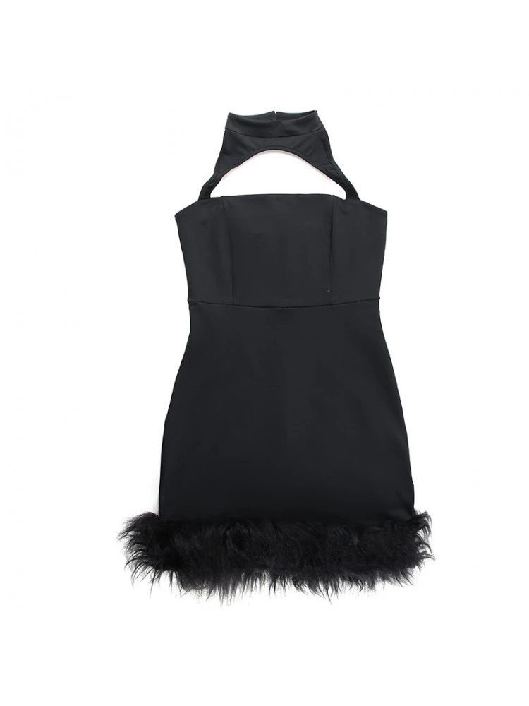 Feather Patchwork Halter Cut Outs Mini Dress - Image 8