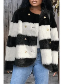 Striped Colorblock Button Up Fur Cardigan