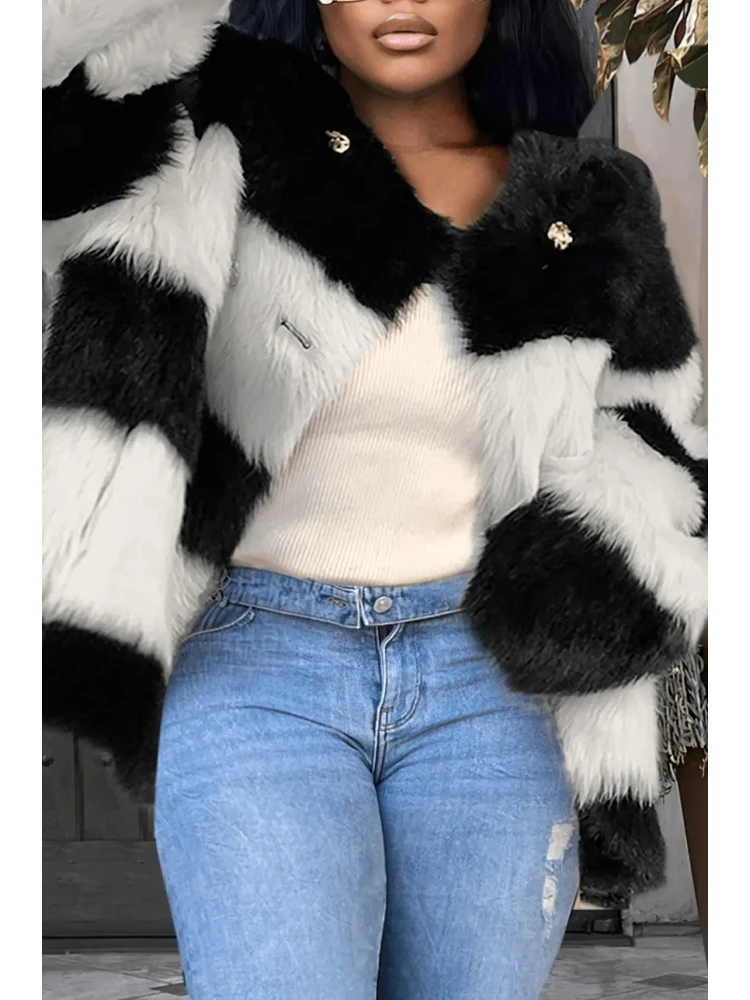 Striped Colorblock Button Up Fur Cardigan - Image 2
