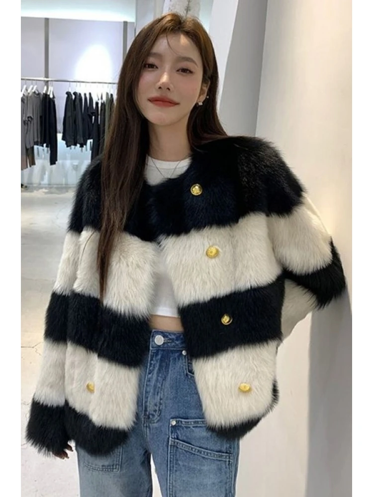 Striped Colorblock Button Up Fur Cardigan - Image 4