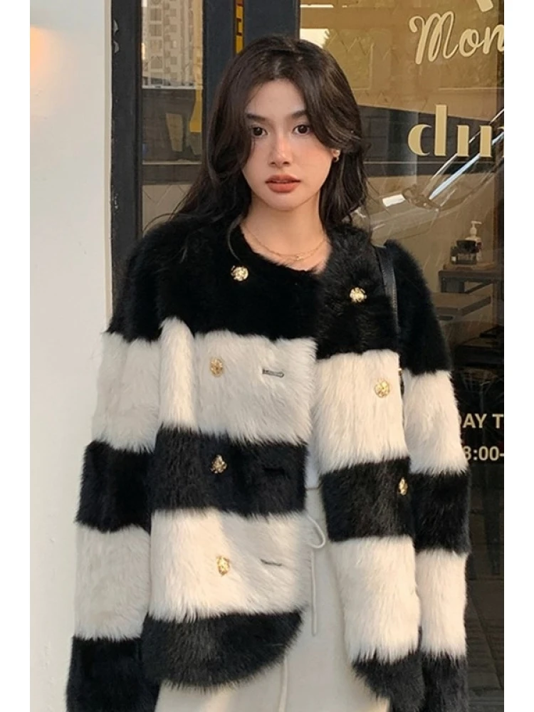 Striped Colorblock Button Up Fur Cardigan - Image 5