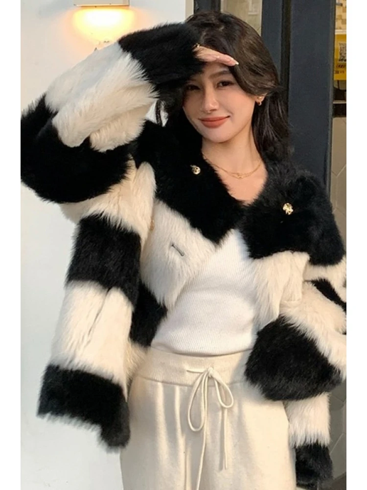 Striped Colorblock Button Up Fur Cardigan - Image 7