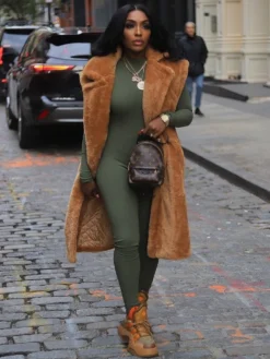 Fluff Lapel Neck Buckle Long Faux Fur Vest