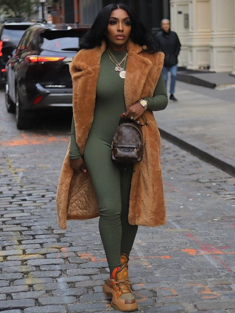 Fluff Lapel Neck Buckle Long Faux Fur Vest