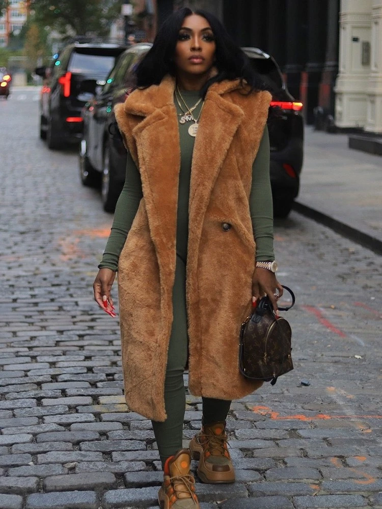 Fluff Lapel Neck Buckle Long Faux Fur Vest - Image 2