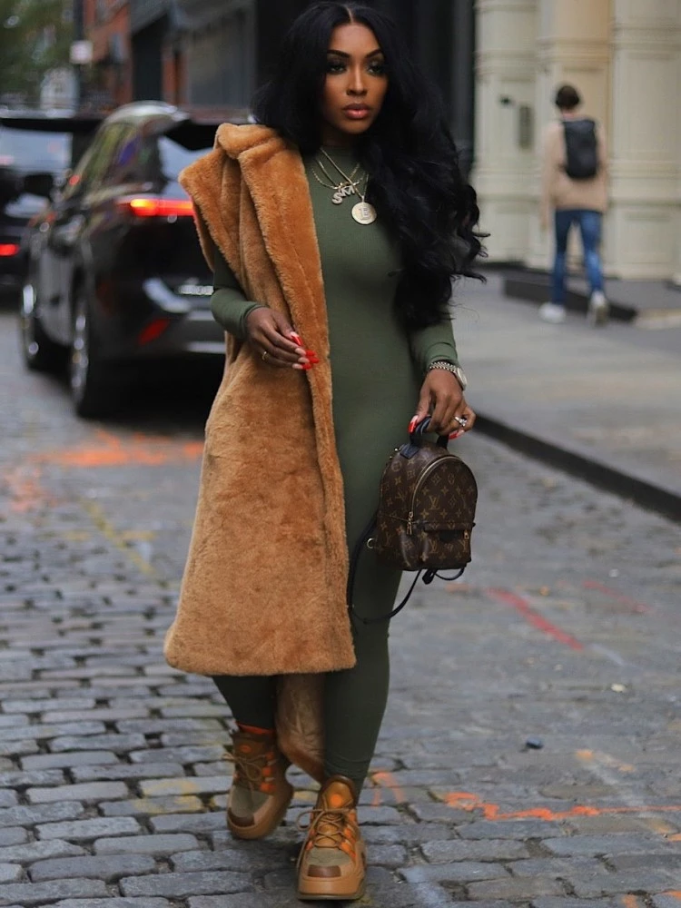 Fluff Lapel Neck Buckle Long Faux Fur Vest - Image 5