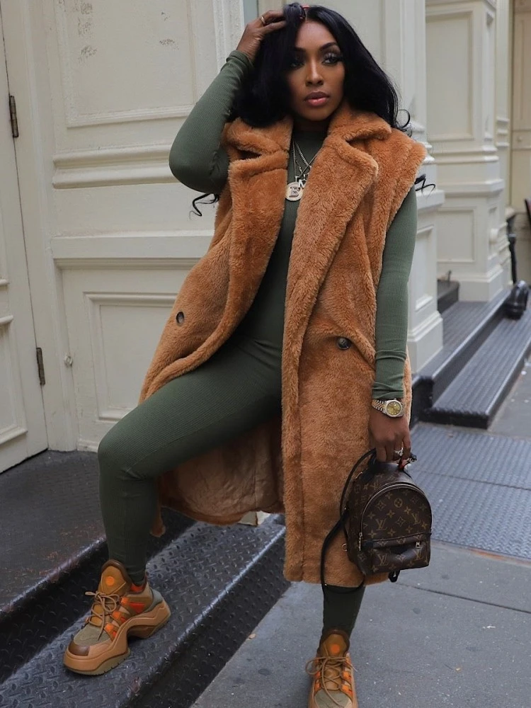 Fluff Lapel Neck Buckle Long Faux Fur Vest - Image 6