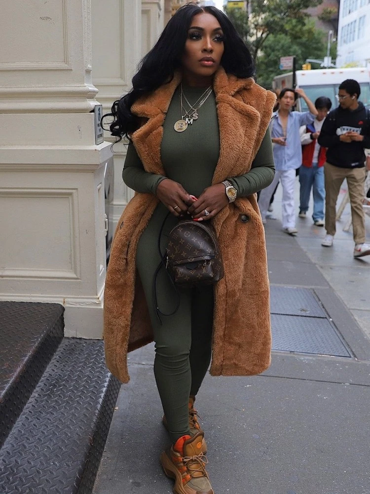 Fluff Lapel Neck Buckle Long Faux Fur Vest - Image 7