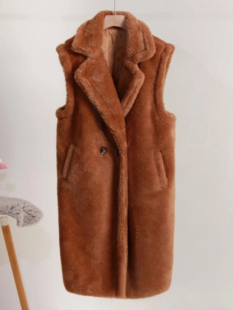 Fluff Lapel Neck Buckle Long Faux Fur Vest - Image 9