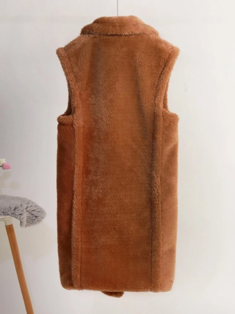 Fluff Lapel Neck Buckle Long Faux Fur Vest - Image 10