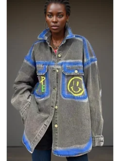 Colorblock Printed Distressed Denim Coats