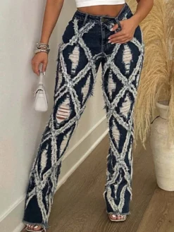 Rhombus Lattice Frayed Denim Flared Jeans